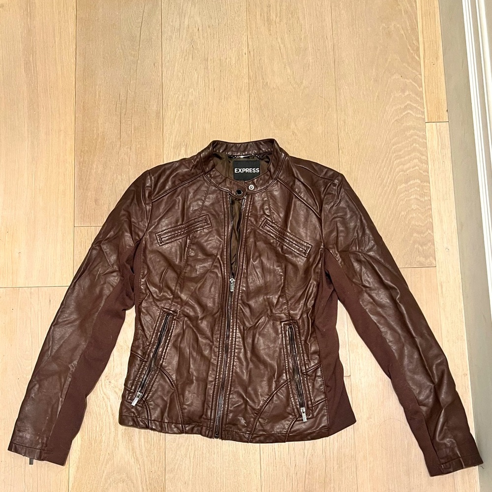 Women’s Express Faux Leather Brown Jacket Size L Large!